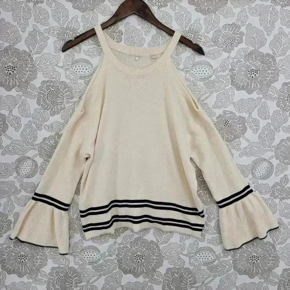 Knitted Linen Blend Cold Shoulder Knit Top With Flare Sleeves & Striped Hem - Picture 1 of 9